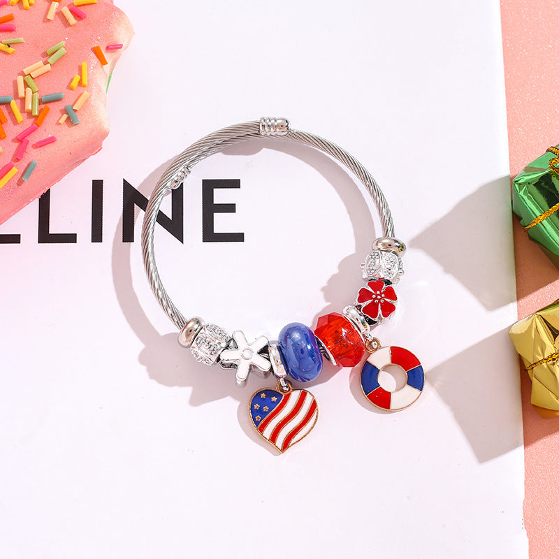 Wholesale American Flag Love Balloon Pendant Stainless Steel Beaded Bracelet